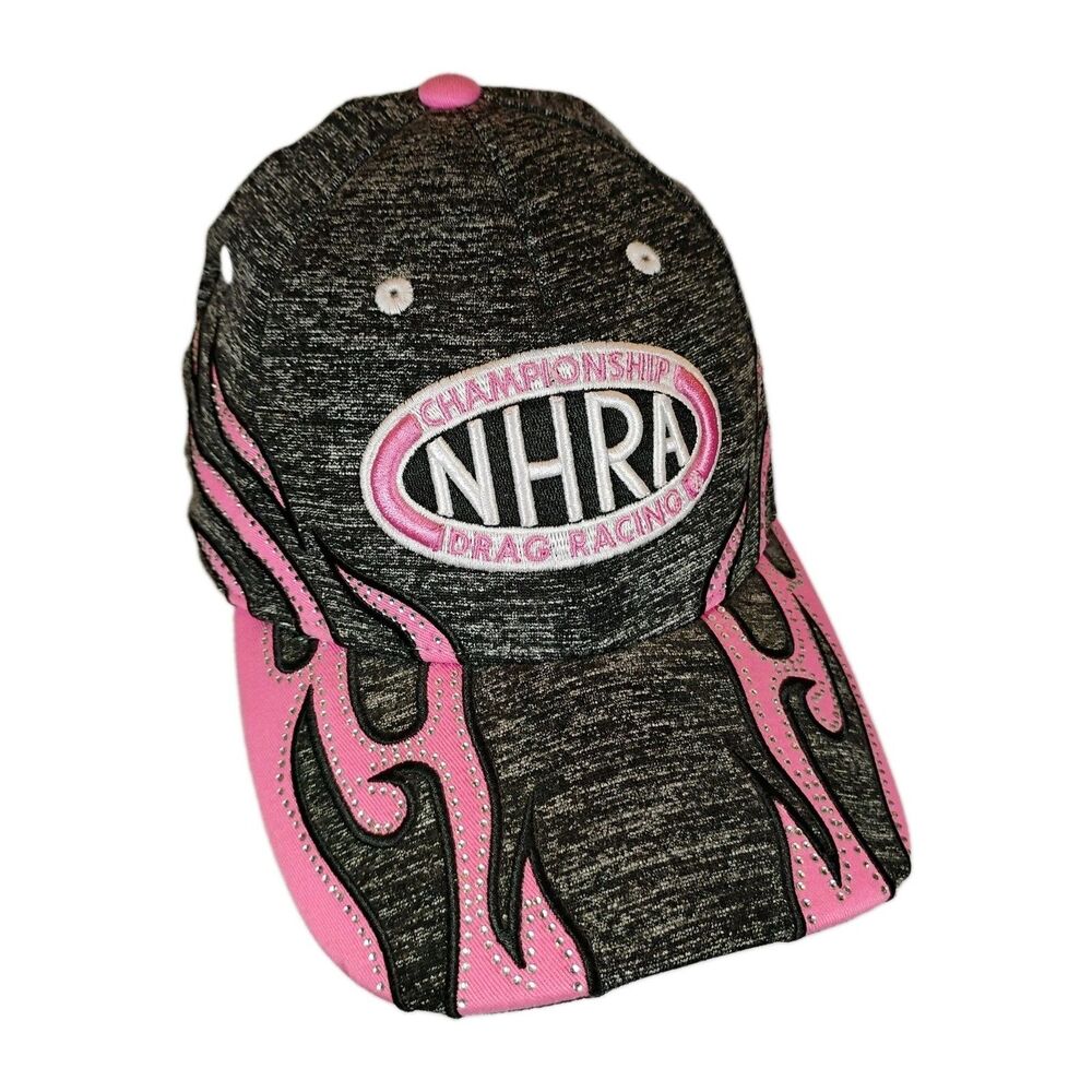 Championship NHRA Drag Racing Hat Cap Gray Pink Glitter Flames Hook & Loop